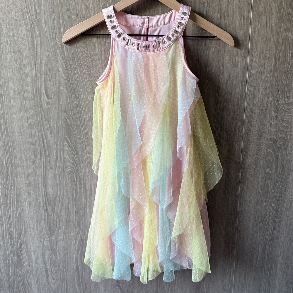 Tahari Tulle Ruffle Dress Girls Size 7 Pastel Rainbow Rhinestone Fairycore Party